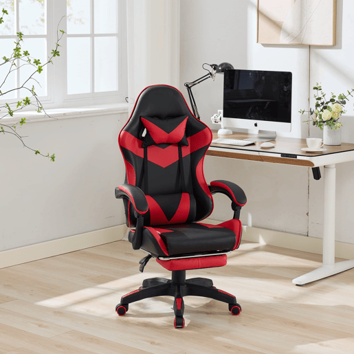 Cadeira gaming ergonómica - Giratória 360° com apoio para os pés e suporte lombar - Preto e vermelho