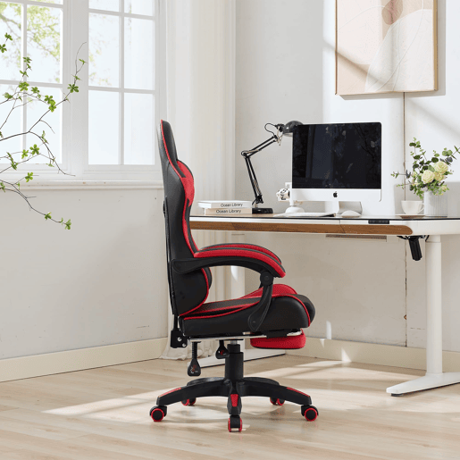 Cadeira gaming ergonómica - Giratória 360° com apoio para os pés e suporte lombar - Preto e vermelho
