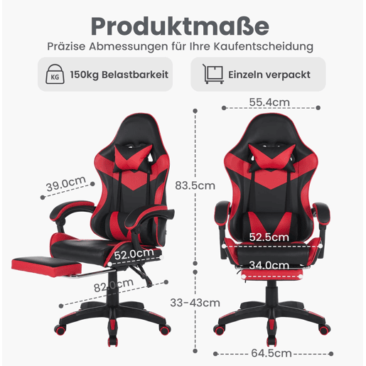 Cadeira gaming ergonómica - Giratória 360° com apoio para os pés e suporte lombar - Preto e vermelho