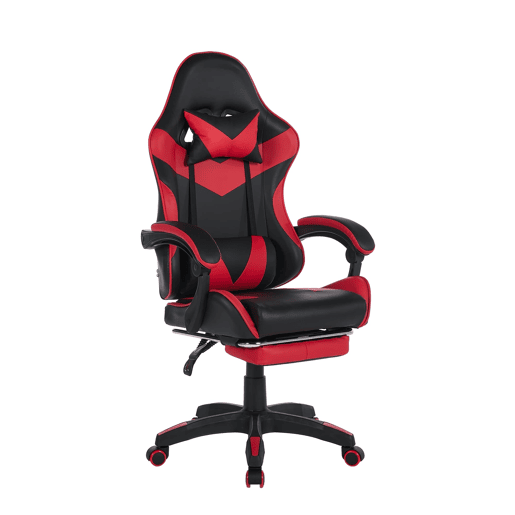 Cadeira gaming ergonómica - Giratória 360° com apoio para os pés e suporte lombar - Preto e vermelho