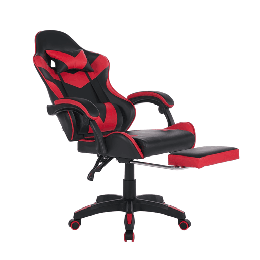 Cadeira gaming ergonómica - Giratória 360° com apoio para os pés e suporte lombar - Preto e vermelho