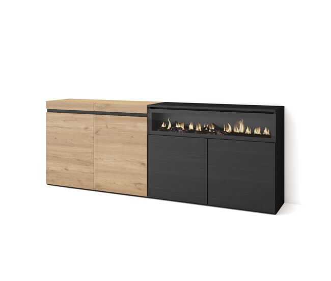Aparadores para salón | gran capacidad de almacenaje | 200x75x35cm | 4 puertas | chimenea eléctrica | estilo moderno | roble y negro