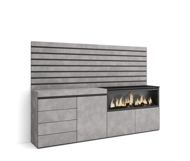 Aparador | con almacenamiento | 214x145x35 cm | dormitorio, habitación | chimenea eléctrica xxl | cómoda, cajonera | estilo moderno | cemento