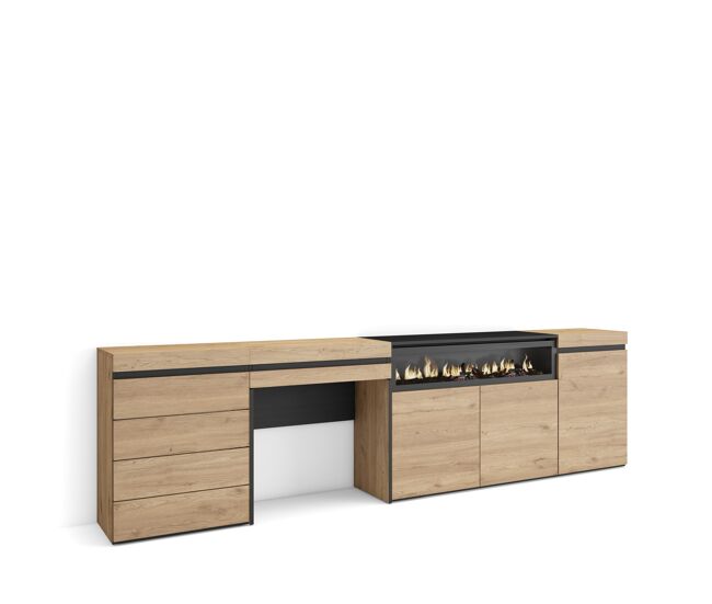 Aparador | con almacenamiento | 277x75x35 cm | dormitorio, habitación | chimenea eléctrica | cómoda, cajonera | tocador | estilo moderno | roble