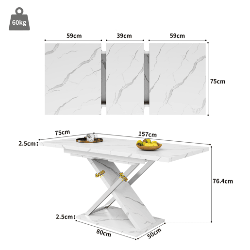 Mesa extensível 118-157 cm - Mesa de jantar e cozinha com pernas cruzadas - Branco