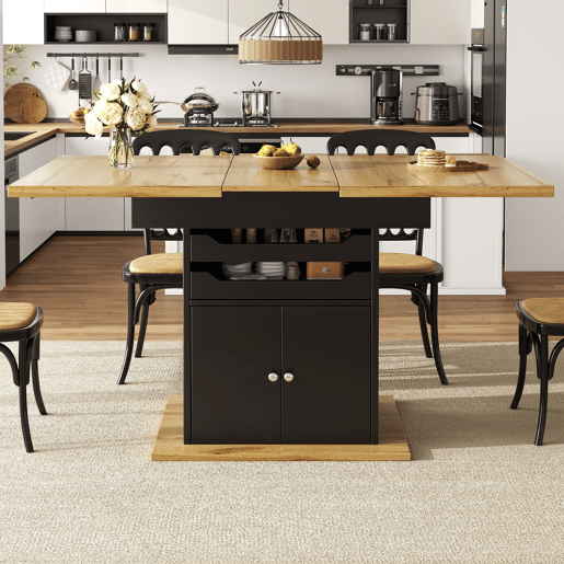 Mesa extensível 110-140x80 cm - Mesa de cozinha dobrável, com 2 gavetas e 1 armário - Preto