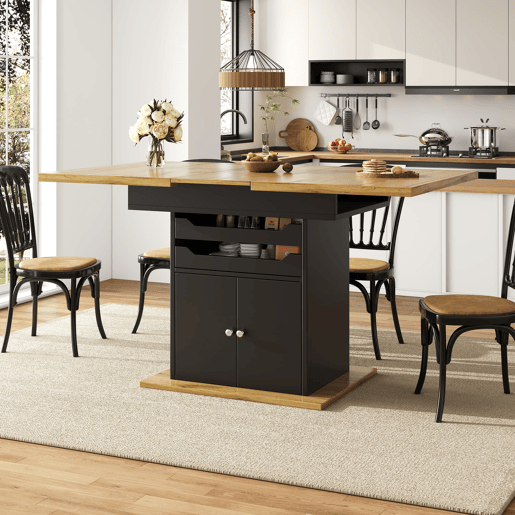 Mesa extensível 110-140x80 cm - Mesa de cozinha dobrável, com 2 gavetas e 1 armário - Preto