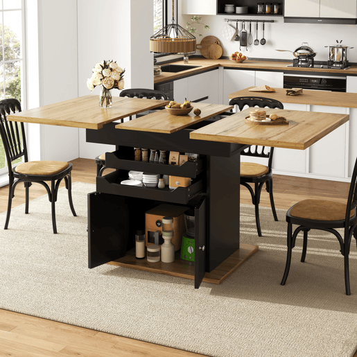Mesa extensível 110-140x80 cm - Mesa de cozinha dobrável, com 2 gavetas e 1 armário - Preto