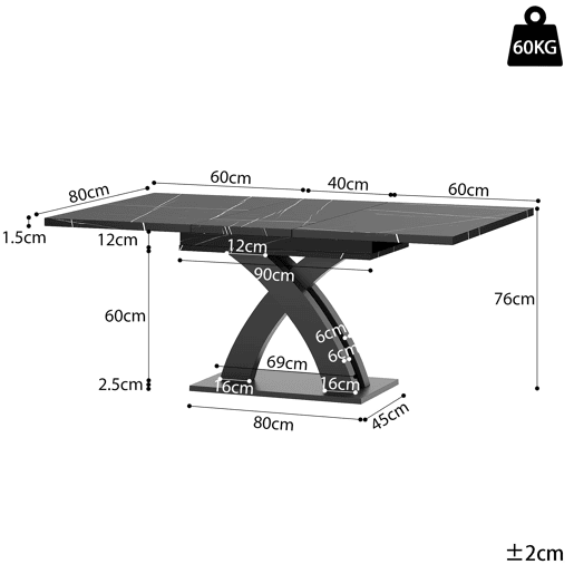 Mesa extensível 120x80x76 cm - Para sala de jantar, cozinha ou terraço - Estende até 160 cm - Preto