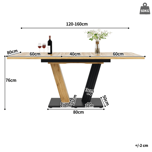 Mesa extensÃvel 120160 x 80 x 76 cm - Mesa de cozinha e sala com pernas em forma de asa - Cor madeira Mesa extensÃvel 120160 x 80 x 76 cm - Mesa de cozinha e sala com pernas em forma de asa - Cor madeira