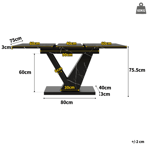 Mesa extensível telescópica 120-160*75 cm - Mesa de cozinha, design com padrão mármore preto