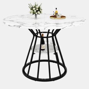 Mesa de jantar redonda 100x100 cm - Mesa de cozinha com pernas metálicas, padrão mármore - Preto
