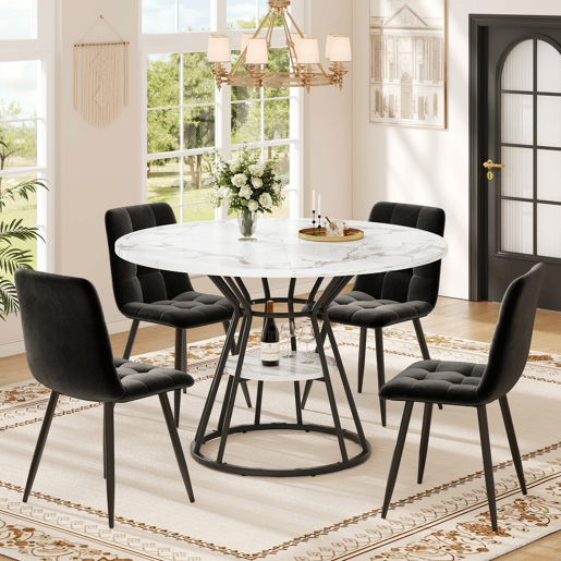 Mesa de jantar redonda 100x100 cm - Mesa de cozinha com pernas metálicas, padrão mármore - Preto