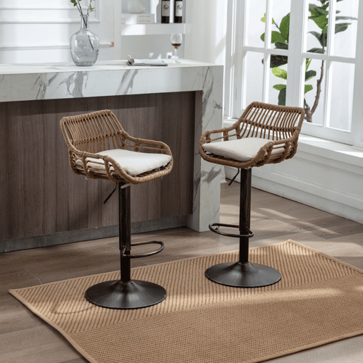 Conjunto de 2 bancos de bar - altura ajustável com apoio para os pés - bege Conjunto de 2 bancos de bar - altura ajustável com apoio para os pés - bege