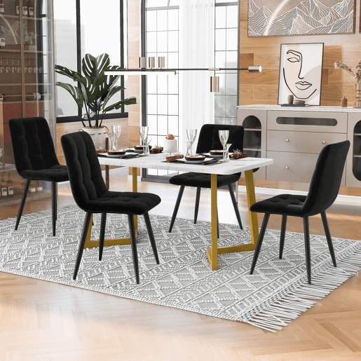 Conjunto de sala de jantar 117 cm - Mesa retangular com 4 cadeiras, cadeira de sala de jantar em veludo preto, pernas douradas