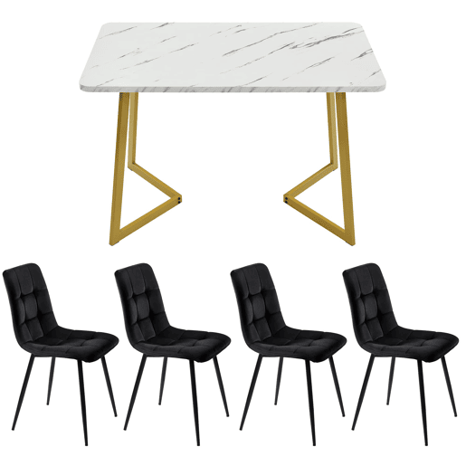 Conjunto de sala de jantar 117 cm - Mesa retangular com 4 cadeiras, cadeira de sala de jantar em veludo preto, pernas douradas