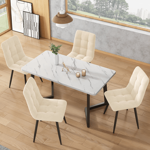 Conjunto de mesa de jantar 117 cm - Estilo moderno, 4 cadeiras bege aveludadas, pernas pretas