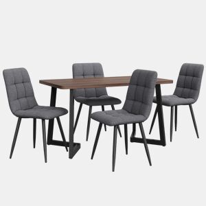 Conjunto de sala de jantar de 5 peças - Mesa de jantar com 4 cadeiras, madeira de nogueira, pernas metálicas pretas, linho cinzento