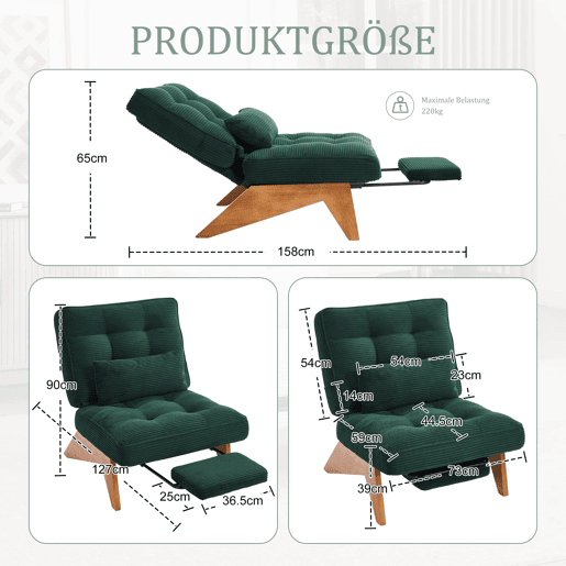 Poltrona lounge ajustável tamanho compacto - sem encosto com apoio para os pés e almofada lombar - verde esmeralda
