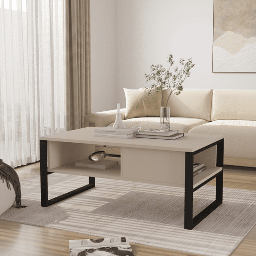 Mesa de centro Laukaa retangular metal 100x60x45cm Cinzento bege en.casa