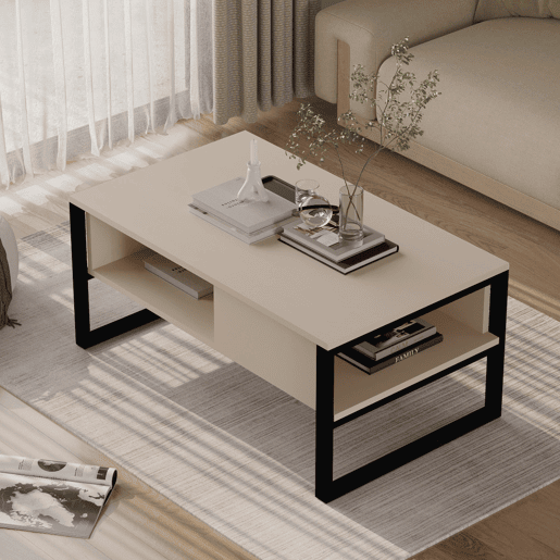 Mesa de centro Laukaa retangular metal 100x60x45cm Cinzento bege en.casa