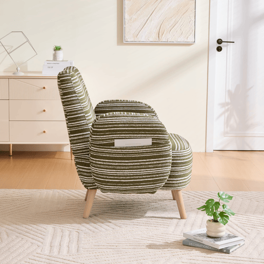 Poltrona individual moderna - tecido com padrão circular, bolso lateral, pernas em madeira - verde oliva