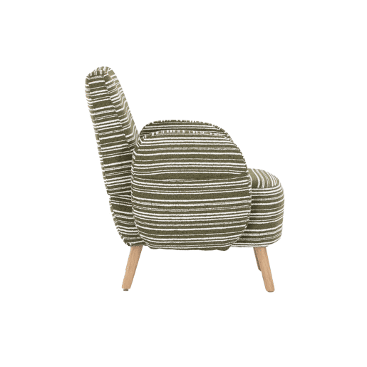 Poltrona individual moderna - tecido com padrão circular, bolso lateral, pernas em madeira - verde oliva