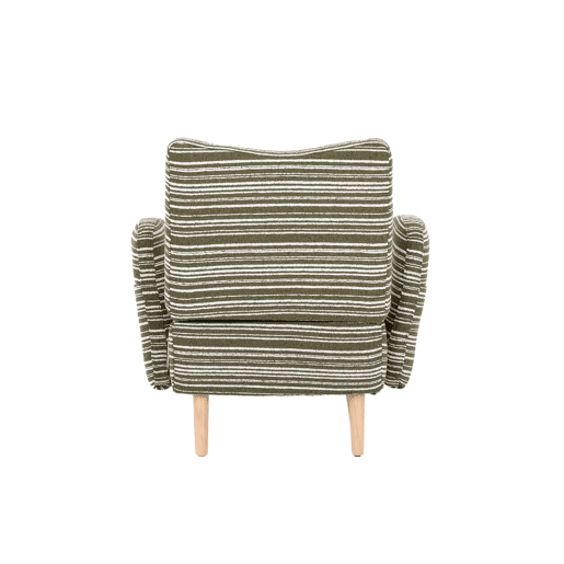 Poltrona individual moderna - tecido com padrão circular, bolso lateral, pernas em madeira - verde oliva