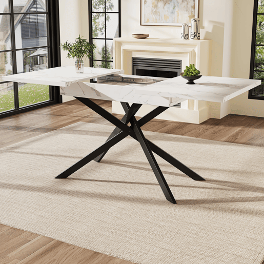 Mesa extensível 120-160 cm - Mesa de jantar extensível - Pernas de ferro cruzadas - Branco e Preto