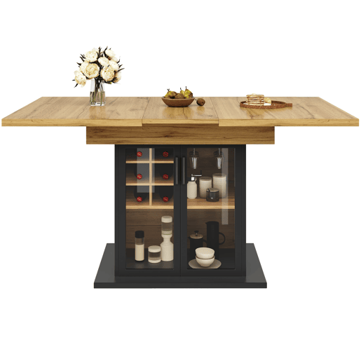 Mesa extensível 110-140x80 cm - Mesa de cozinha dobrável para 4-6 pessoas com prateleira para vinho e porta de vidro - Preta