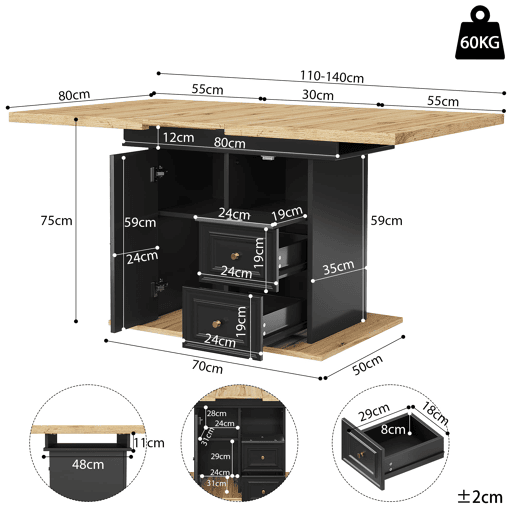 Mesa extensível 110x80x75 cm - Adequada para sala de jantar, cozinha ou terraço - Madeira natural