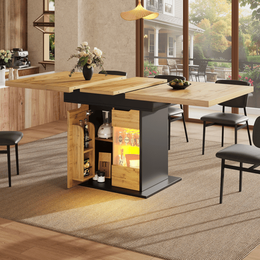 Mesa extensível 110-140x80 cm - Telescópica, com LED e arrumação - Preto + Natural