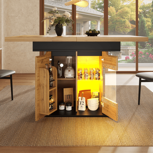 Mesa extensível 110-140x80 cm - Telescópica, com LED e arrumação - Preto + Natural