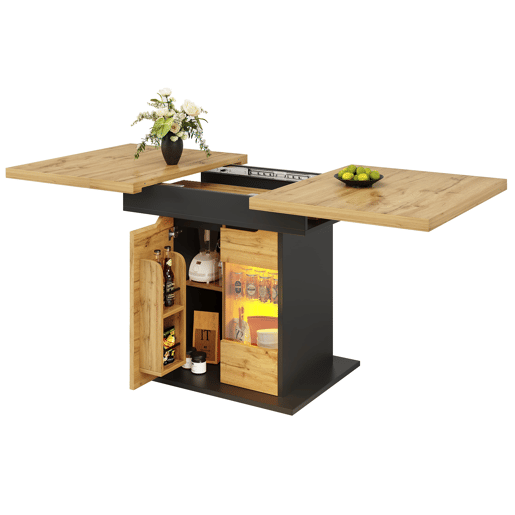 Mesa extensível 110-140x80 cm - Telescópica, com LED e arrumação - Preto + Natural