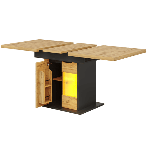 Mesa extensível 110-140x80 cm - Telescópica, com LED e arrumação - Preto + Natural