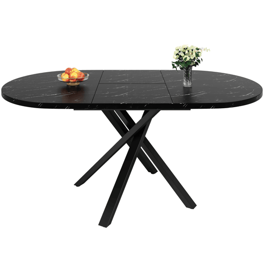 Mesa redonda extensível com efeito mármore - 100 cm (extensível até 140 cm) x 75,5 cm - Estrutura metálica X preta Mesa redonda extensível com efeito mármore - 100 cm (extensível até 140 cm) x 75,5 cm - Estrutura metálica X preta