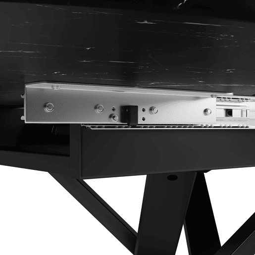 Mesa redonda extensível com efeito mármore - 100 cm (extensível até 140 cm) x 75,5 cm - Estrutura metálica X preta Mesa redonda extensível com efeito mármore - 100 cm (extensível até 140 cm) x 75,5 cm - Estrutura metálica X preta