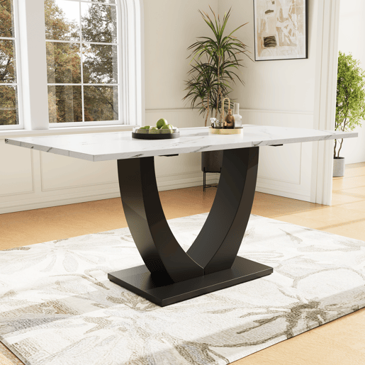 Mesa de jantar 140x75,5 cm - Mesa de cozinha moderna, estrutura em metal, padrão marmorizado, pés ajustáveis - BrancoPreto
