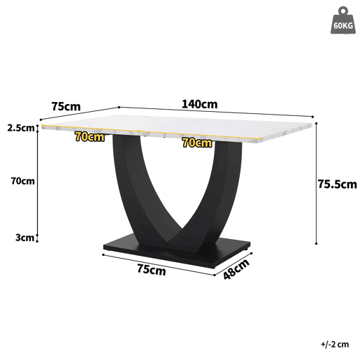 Mesa de jantar 140x75,5 cm - Mesa de cozinha moderna, estrutura em metal, padrão marmorizado, pés ajustáveis - BrancoPreto