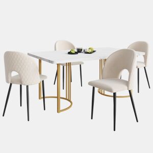 Conjunto de mesa e cadeiras 140x80cm - Mesa com 4 cadeiras de veludo com padrão diamante, pernas douradas, branco
