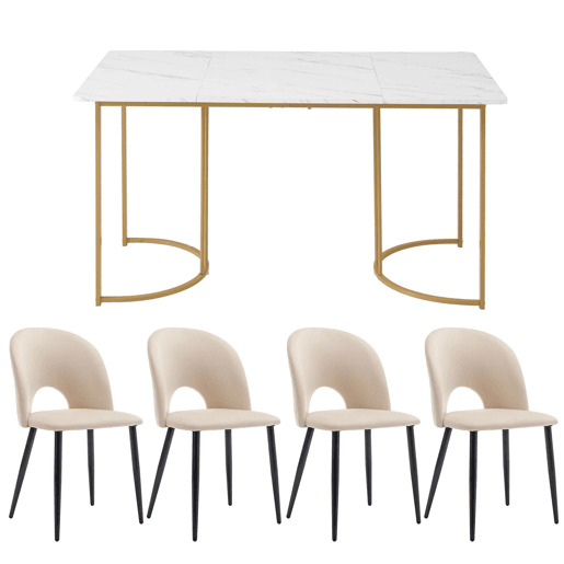 Conjunto de mesa e cadeiras 140x80cm - Mesa com 4 cadeiras de veludo com padrão diamante, pernas douradas, branco