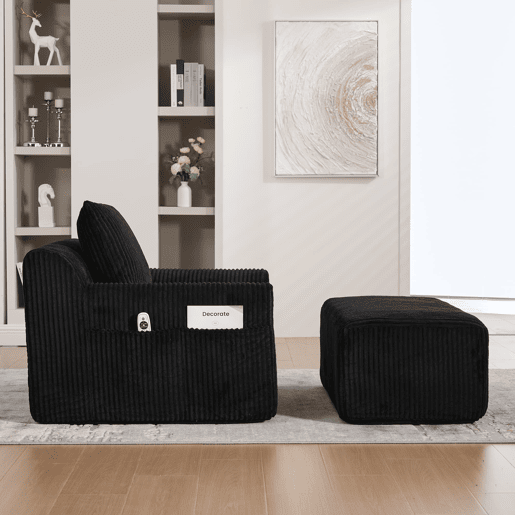 Poltrona grande - Kordsamt, bolsos laterais, almofada, assento profundo, moderno - Preto