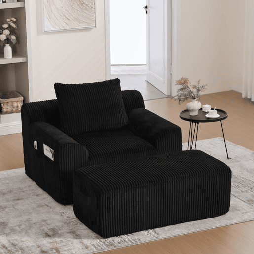 Poltrona grande - Kordsamt, bolsos laterais, almofada, assento profundo, moderno - Preto