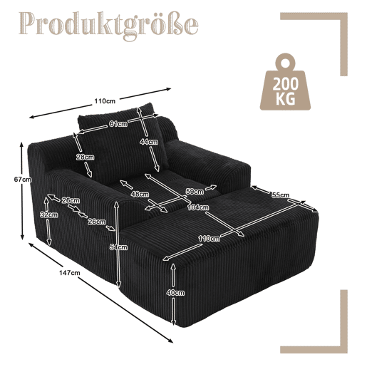 Poltrona grande - Kordsamt, bolsos laterais, almofada, assento profundo, moderno - Preto