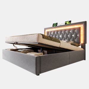 Cama de casal de veludo 140x200 cm com armazenamento e luz led,cinza