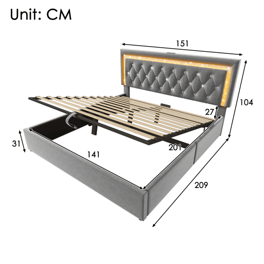Cama de casal de veludo 140x200 cm com armazenamento e luz led,cinza