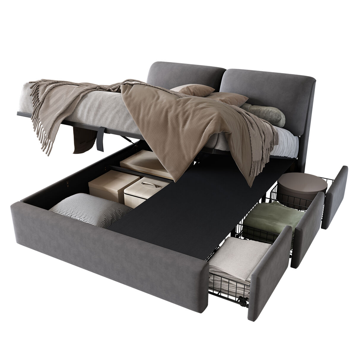 Cama de matrimonio de terciopelo 180x200 cm con almacenaje,gris