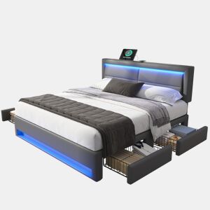 Cama de casal de pu 140x190 cm com luz led,cinza