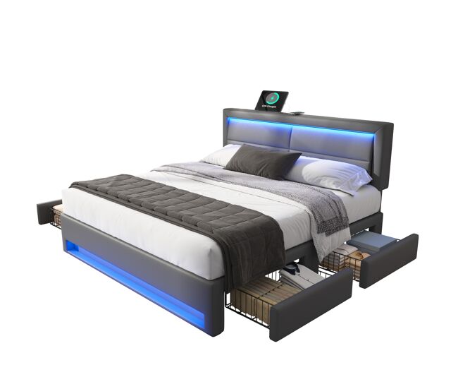 Cama de matrimonio de pu 140x190 cm con luz led,gris
