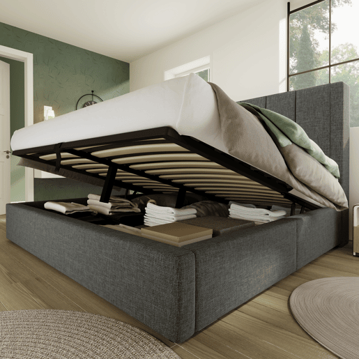 Cama de casal de linho 160x200 cm com armazenamento,cinza